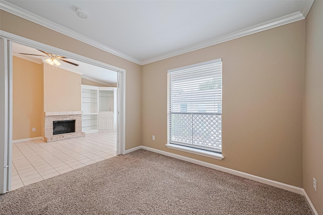 2110 Wilcrest Dr Unit 236, Houston, TX 77042 - unfurnished living room with light carpet, crown molding, a fireplace, baseboards, and ceiling fan