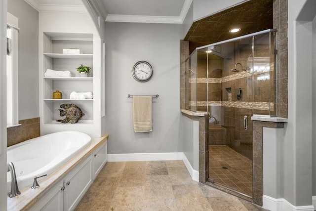 12911 Mossy Shr, Tomball, TX 77375 - full bathroom with ornamental molding, a garden tub, a shower stall, built in features, and baseboards