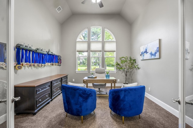 12911 Mossy Shr, Tomball, TX 77375 - carpeted office with a ceiling fan, healthy amount of natural light, lofted ceiling, and baseboards