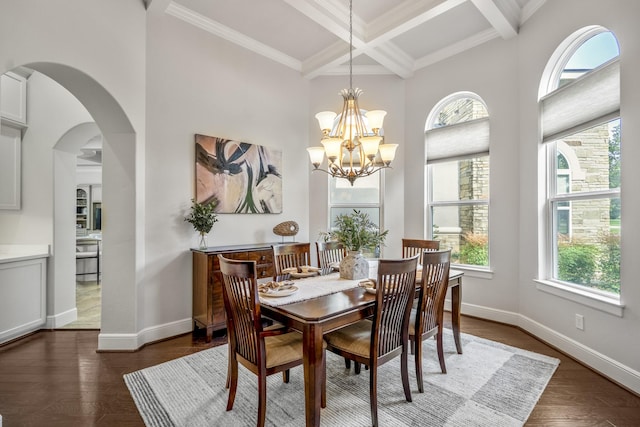 12911 Mossy Shr, Tomball, TX 77375 - dining area featuring beam ceiling, a chandelier, baseboards, coffered ceiling, and a towering ceiling