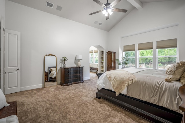 12911 Mossy Shr, Tomball, TX 77375 - carpeted bedroom featuring arched walkways, high vaulted ceiling, beamed ceiling, baseboards, and a ceiling fan
