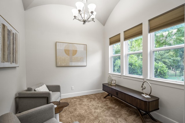 12911 Mossy Shr, Tomball, TX 77375 - sitting room with a chandelier, vaulted ceiling, carpet floors, and baseboards