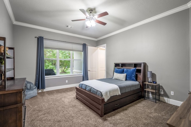 12911 Mossy Shr, Tomball, TX 77375 - bedroom featuring carpet, ornamental molding, baseboards, and a ceiling fan