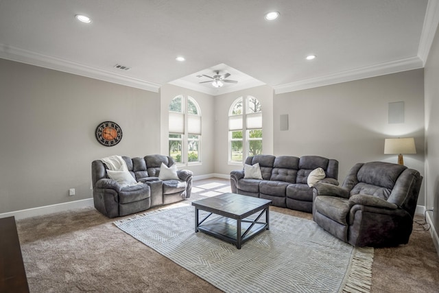 12911 Mossy Shr, Tomball, TX 77375 - carpeted living room featuring ornamental molding, baseboards, ceiling fan, and recessed lighting