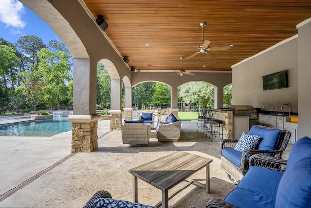 12911 Mossy Shr, Tomball, TX 77375 - view of patio / terrace featuring an outdoor living space, an outdoor pool, and ceiling fan