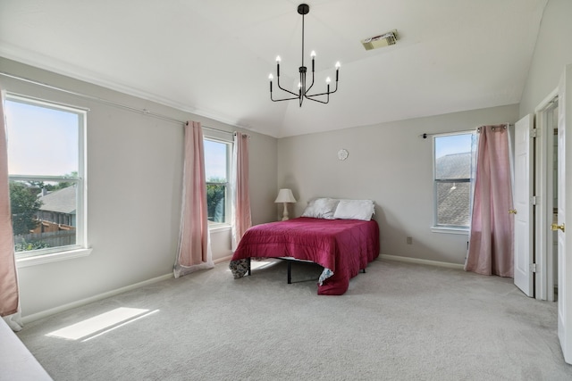 19710 Ringwald Ct, Spring, TX 77379 - bedroom with a chandelier, carpet floors, vaulted ceiling, and baseboards