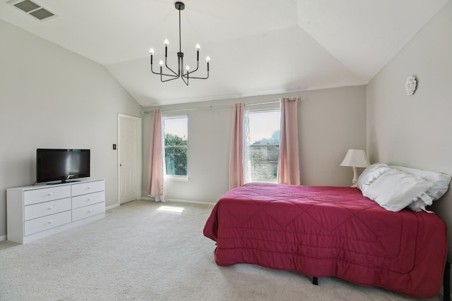 19710 Ringwald Ct, Spring, TX 77379 - carpeted bedroom featuring lofted ceiling, a chandelier, and baseboards