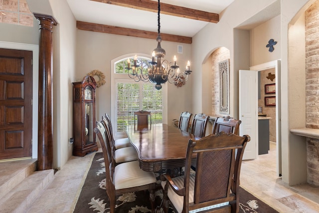 63 N Wooded Brook Cir, The Woodlands, TX 77382 - dining room featuring a chandelier, beam ceiling, and arched walkways
