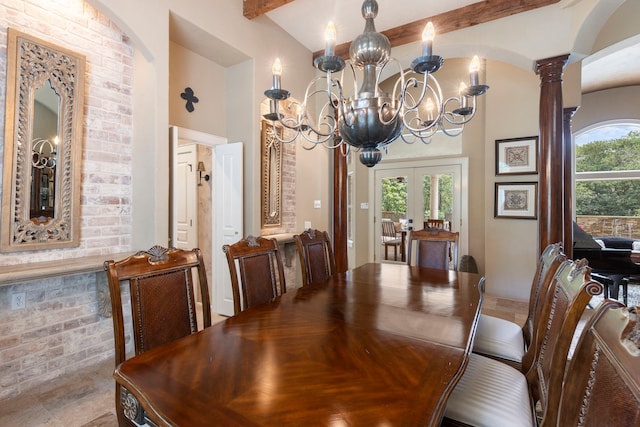 63 N Wooded Brook Cir, The Woodlands, TX 77382 - dining room with arched walkways, decorative columns, french doors, a chandelier, and beam ceiling