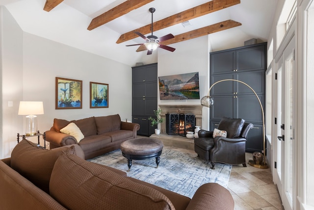 63 N Wooded Brook Cir, The Woodlands, TX 77382 - living room featuring ceiling fan and a high end fireplace
