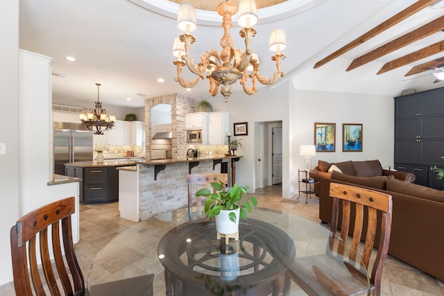 63 N Wooded Brook Cir, The Woodlands, TX 77382 - dining room featuring a chandelier, recessed lighting, and beam ceiling