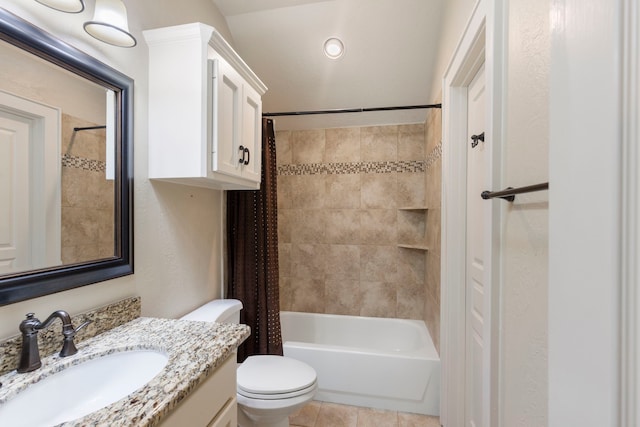 63 N Wooded Brook Cir, The Woodlands, TX 77382 - full bath featuring vanity, toilet, shower / tub combo with curtain, and tile patterned flooring
