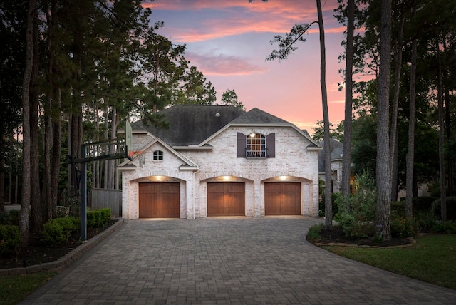 63 N Wooded Brook Cir, The Woodlands, TX 77382 - french country style house featuring a garage, decorative driveway, brick siding, and a shingled roof