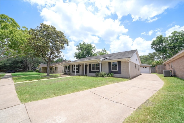 5915 Valkeith Dr, Houston, TX 77096 - single story home with central air condition unit, brick siding, a front yard, concrete driveway, and a garage