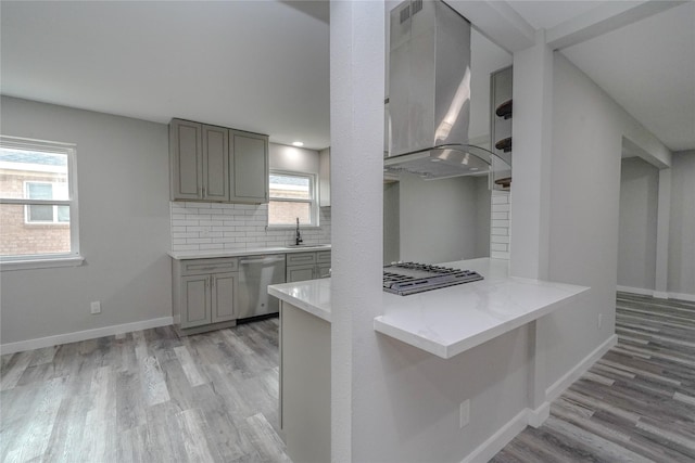 5915 Valkeith Dr, Houston, TX 77096 - kitchen featuring appliances with stainless steel finishes, island range hood, gray cabinets, and light wood finished floors