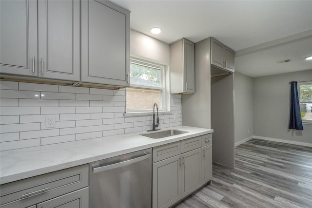 5915 Valkeith Dr, Houston, TX 77096 - kitchen featuring gray cabinetry, dishwasher, a sink, decorative backsplash, and light wood-style floors