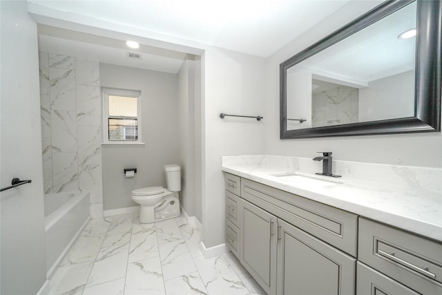 5915 Valkeith Dr, Houston, TX 77096 - bathroom with vanity, toilet, marble look tile flooring, and baseboards