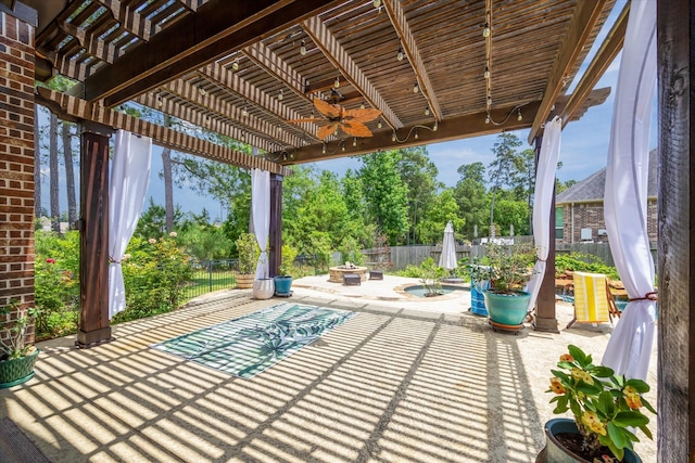 34132 Willow Bluff Ln, Pinehurst, TX 77362 - fenced backyard with a fire pit, a patio, a ceiling fan, and a pergola