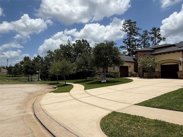 34132 Willow Bluff Ln, Pinehurst, TX 77362 - view of home's community featuring curved driveway, a garage, and a yard