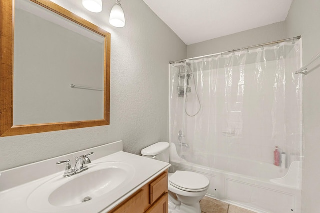9226 Birch Springs Dr, Houston, TX 77095 - bathroom featuring vanity, shower / bath combination with curtain, toilet, a textured wall, and tile patterned flooring