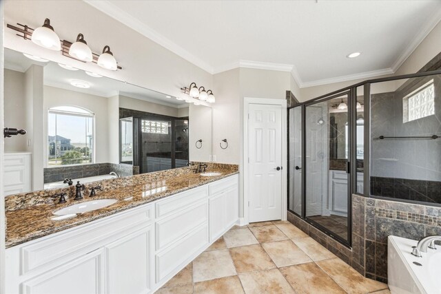 21 Fleming, Hitchcock, TX 77563 - full bath featuring a stall shower, a garden tub, double vanity, and ornamental molding