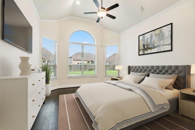 15411 Patten Forest Dr, Cypress, TX 77429 - bedroom featuring dark wood-style floors, vaulted ceiling, ornamental molding, and ceiling fan