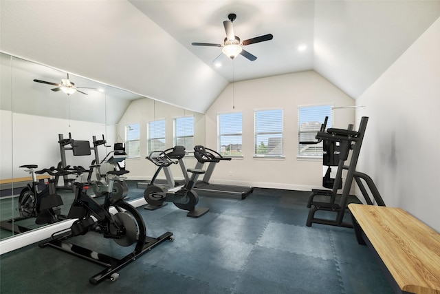 15411 Patten Forest Dr, Cypress, TX 77429 - exercise room with a ceiling fan, baseboards, and lofted ceiling