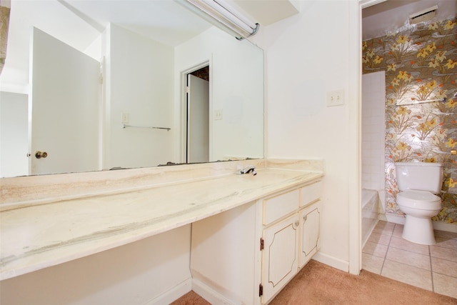 4124 Belle Park Dr, Houston, TX 77072 - full bath with toilet, vanity, wallpapered walls, baseboards, and  shower combination