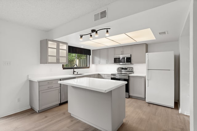 10320 Hammerly Blvd Unit 171, Houston, TX 77043 - kitchen with appliances with stainless steel finishes, gray cabinetry, a sink, and light wood-style flooring