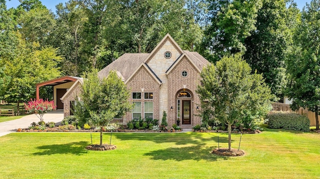 634 Carriage View Ln, Huffman, TX 77336 - view of front facade featuring brick siding, concrete driveway, a front lawn, stone siding, and a carport