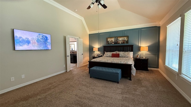 634 Carriage View Ln, Huffman, TX 77336 - carpeted bedroom featuring multiple windows, ceiling fan, ornamental molding, high vaulted ceiling, and baseboards