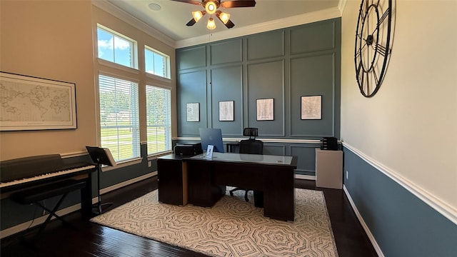 634 Carriage View Ln, Huffman, TX 77336 - office featuring ceiling fan, plenty of natural light, dark wood-style flooring, baseboards, and crown molding