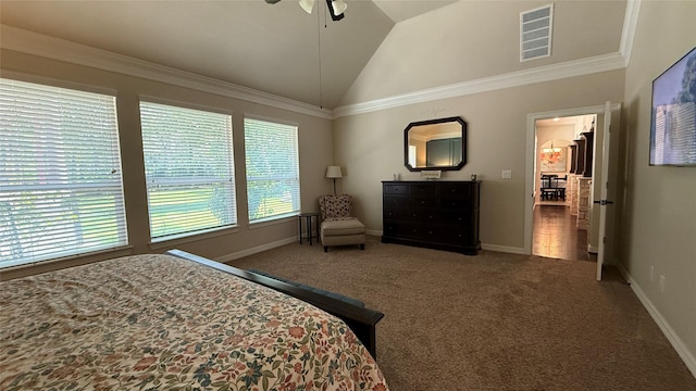 634 Carriage View Ln, Huffman, TX 77336 - carpeted bedroom with lofted ceiling, baseboards, and a ceiling fan