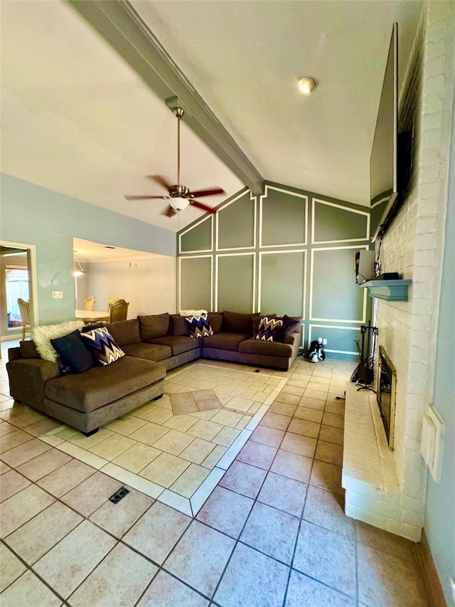 8007 E Oakwood Ct, Houston, TX 77040 - living area with tile patterned floors, a ceiling fan, and a brick fireplace