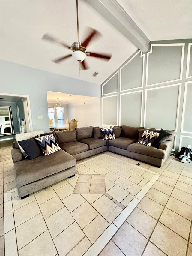 8007 E Oakwood Ct, Houston, TX 77040 - living room featuring vaulted ceiling, ceiling fan, and light tile patterned floors