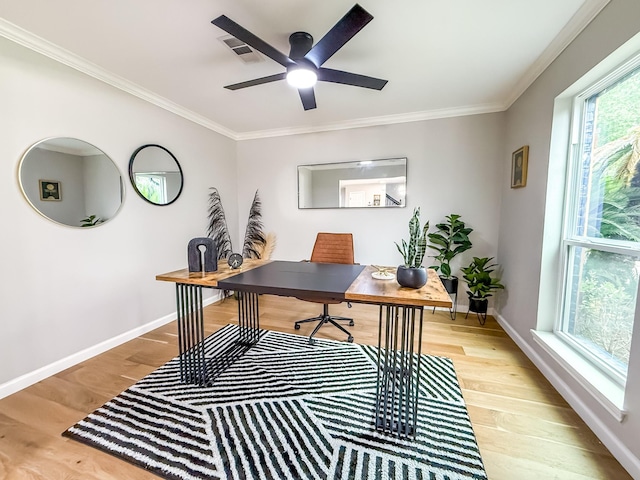 2106 Teague Rd, Houston, TX 77080 - office area featuring light wood-type flooring, baseboards, crown molding, and a ceiling fan