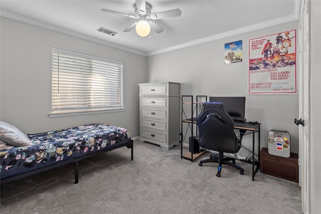 3238 Bodine Dr, Pearland, TX 77584 - bedroom with ornamental molding, light carpet, an office area, and a ceiling fan