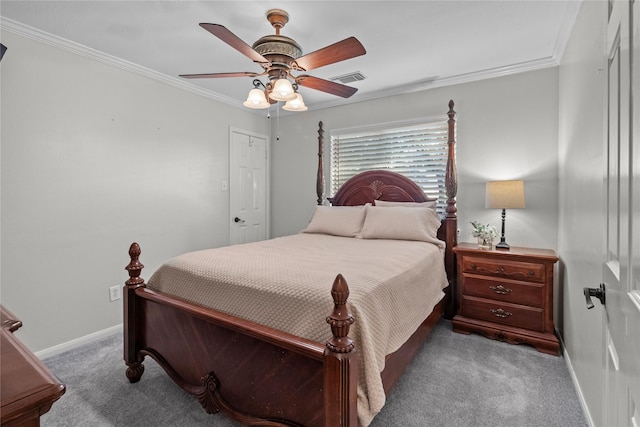 3238 Bodine Dr, Pearland, TX 77584 - carpeted bedroom featuring baseboards, crown molding, and a ceiling fan