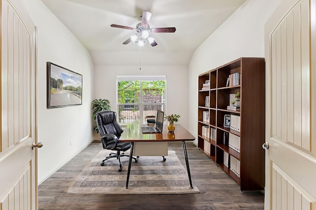 107 N Greenprint Cir, Tomball, TX 77375 - home office featuring vaulted ceiling, wood finished floors, and ceiling fan