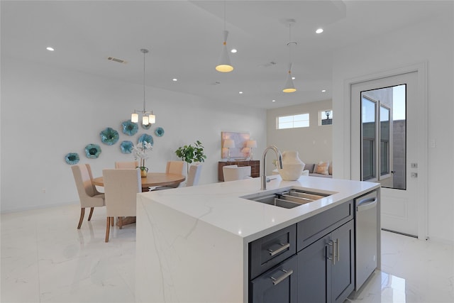 2933 El Fenice Ln, Houston, TX 77057 - kitchen with a sink, light marble finish flooring, dishwashing machine, recessed lighting, and decorative light fixtures