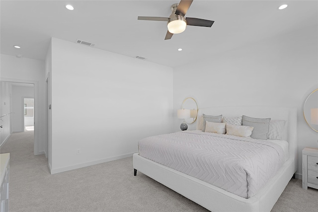 2933 El Fenice Ln, Houston, TX 77057 - bedroom featuring light carpet, recessed lighting, ceiling fan, and baseboards