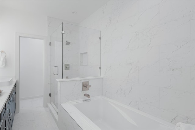2933 El Fenice Ln, Houston, TX 77057 - full bathroom with a bath, a marble finish shower, vanity, marble look tile flooring, and baseboards