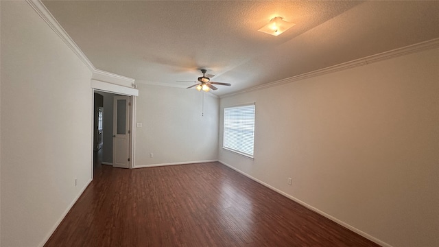 10208 Forest Spring Ln, Pearland, TX 77584 - unfurnished room with ornamental molding, dark wood-style flooring, ceiling fan, baseboards, and a textured ceiling