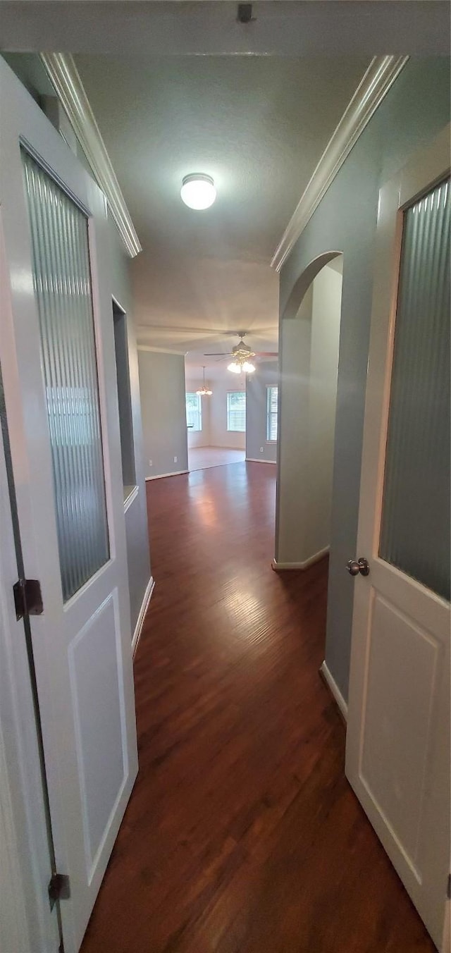10208 Forest Spring Ln, Pearland, TX 77584 - hall with crown molding, wood finished floors, baseboards, and arched walkways