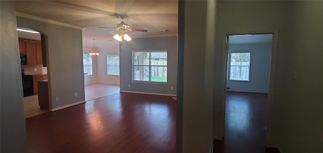 10208 Forest Spring Ln, Pearland, TX 77584 - empty room featuring healthy amount of natural light, dark wood finished floors, arched walkways, ceiling fan, and crown molding