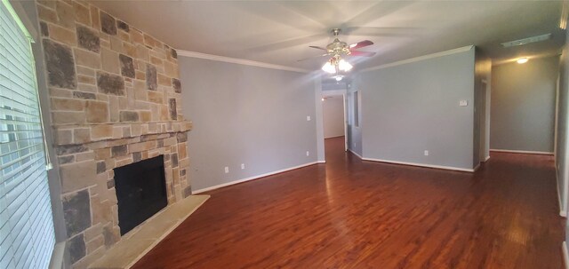 10208 Forest Spring Ln, Pearland, TX 77584 - unfurnished living room with a fireplace, ornamental molding, a ceiling fan, wood finished floors, and baseboards