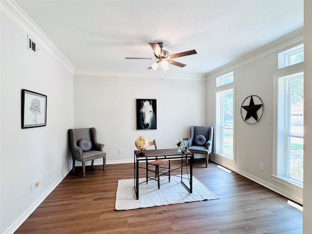 7210 Blenheim Palace Ln, Houston, TX 77095 - office with dark wood-type flooring, crown molding, a ceiling fan, baseboards, and a textured ceiling