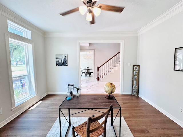 7210 Blenheim Palace Ln, Houston, TX 77095 - office space with crown molding, wood finished floors, baseboards, and ceiling fan