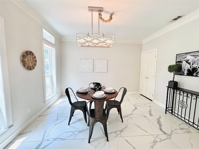 7210 Blenheim Palace Ln, Houston, TX 77095 - dining room with marble look tile flooring, ornamental molding, a chandelier, and baseboards