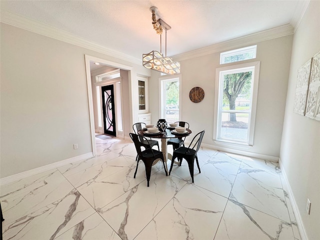 7210 Blenheim Palace Ln, Houston, TX 77095 - dining area featuring crown molding, baseboards, and light marble finish flooring